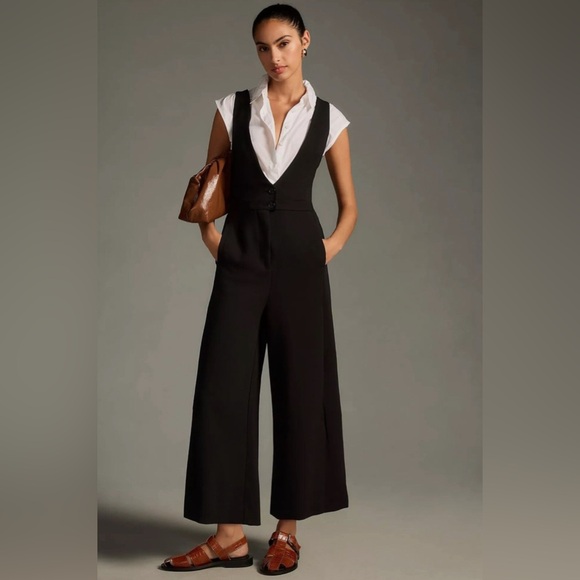 Anthropologie Maeve tuxedo jumpsuit pinafore wide leg deep v size 6 - Picture 1 of 13